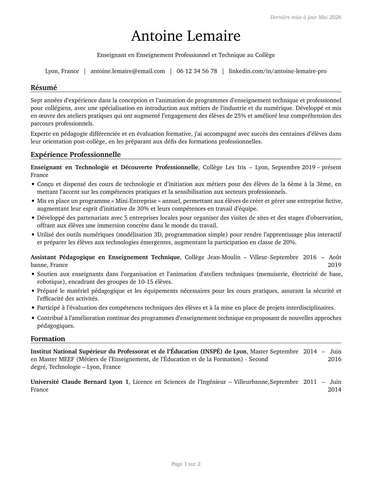 Career/Technical Education Teachers, Middle School CV in French — page 1