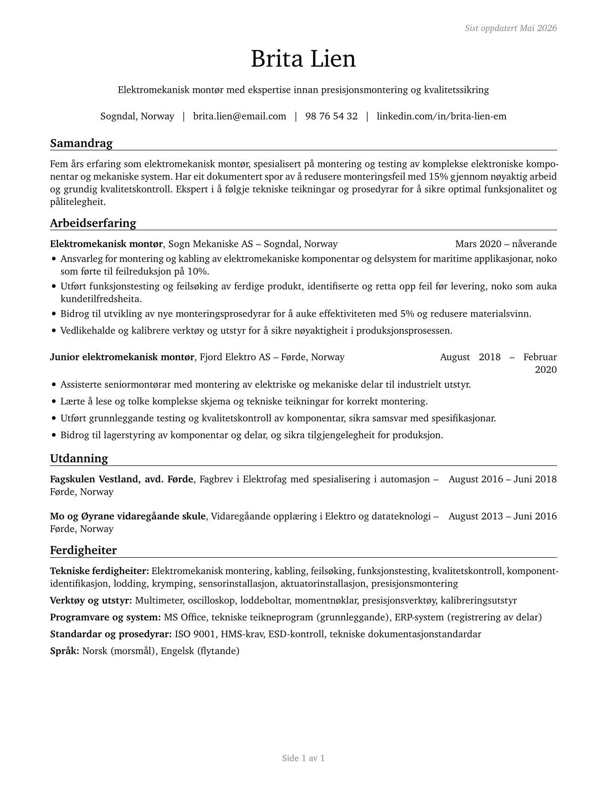 Electromechanical Equipment Assemblers CV in Norwegian_nynorsk — page 1