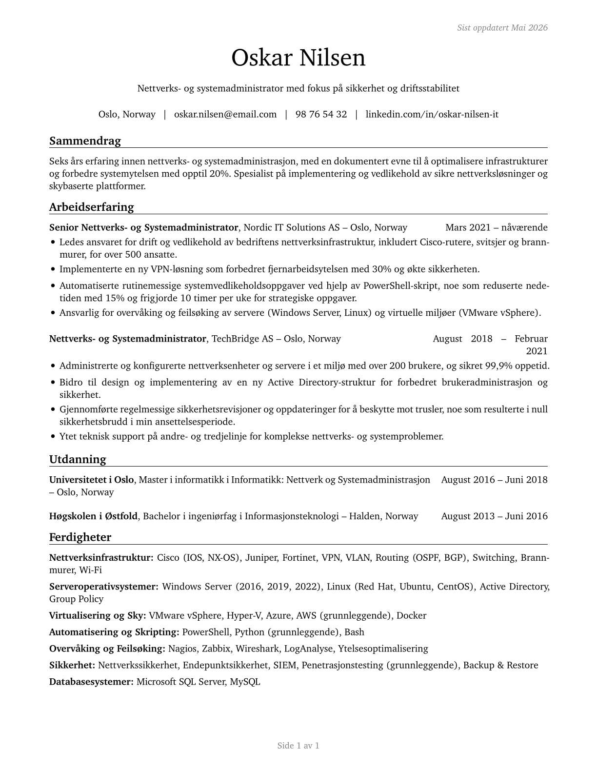 Network and Computer Systems Administrators CV in Norwegian_bokmal — page 1
