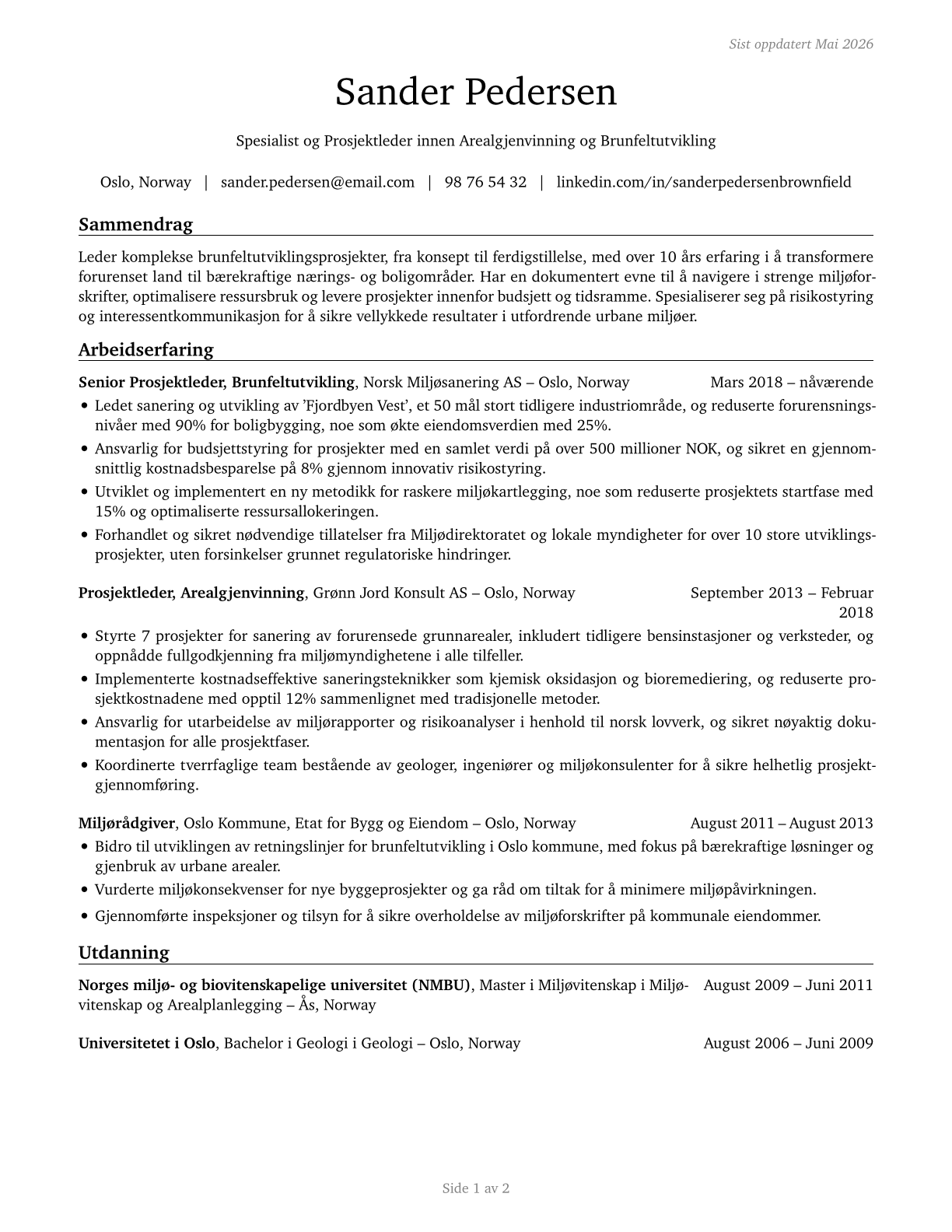 Brownfield Redevelopment Specialists and Site Managers CV in Norwegian_bokmal — page 1