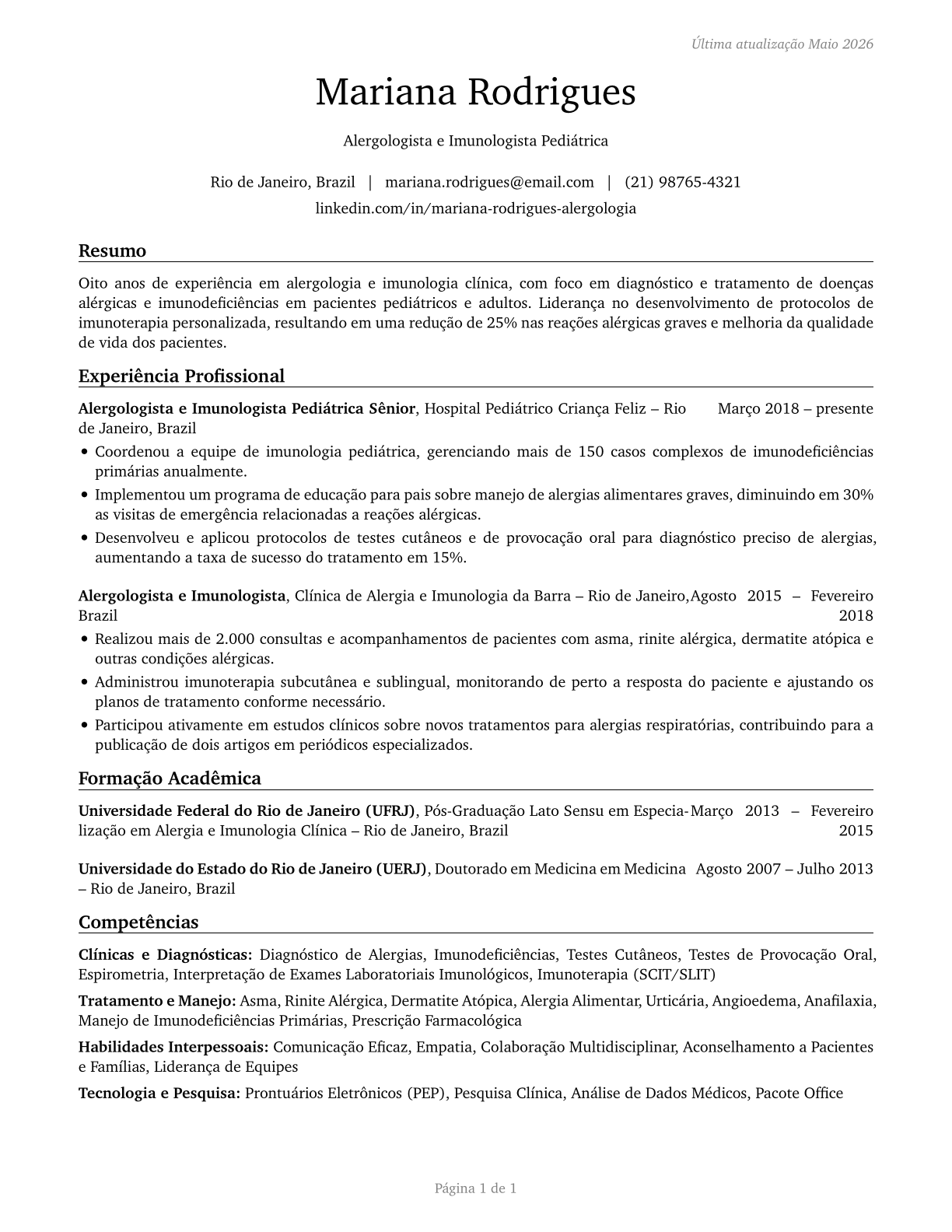 Allergists and Immunologists CV in Portuguese — page 1