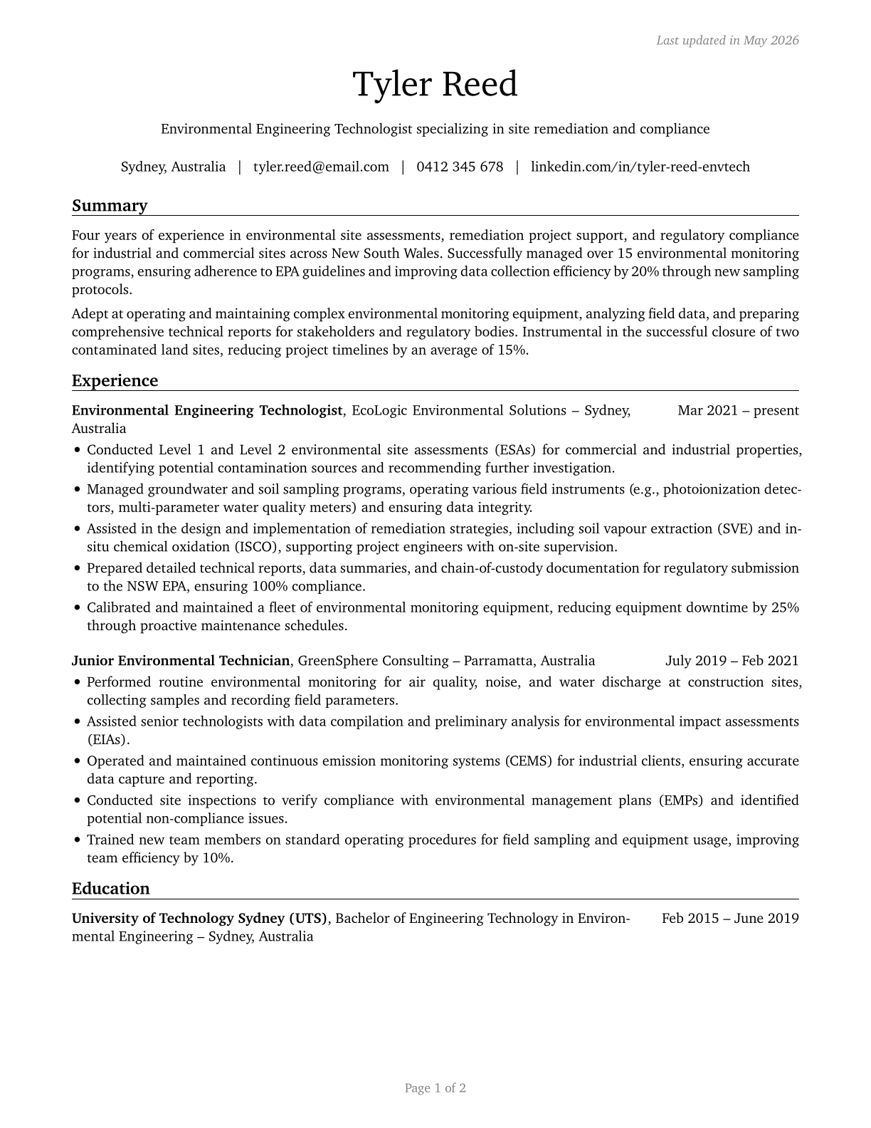 Environmental Engineering Technologists and Technicians CV in English — page 1