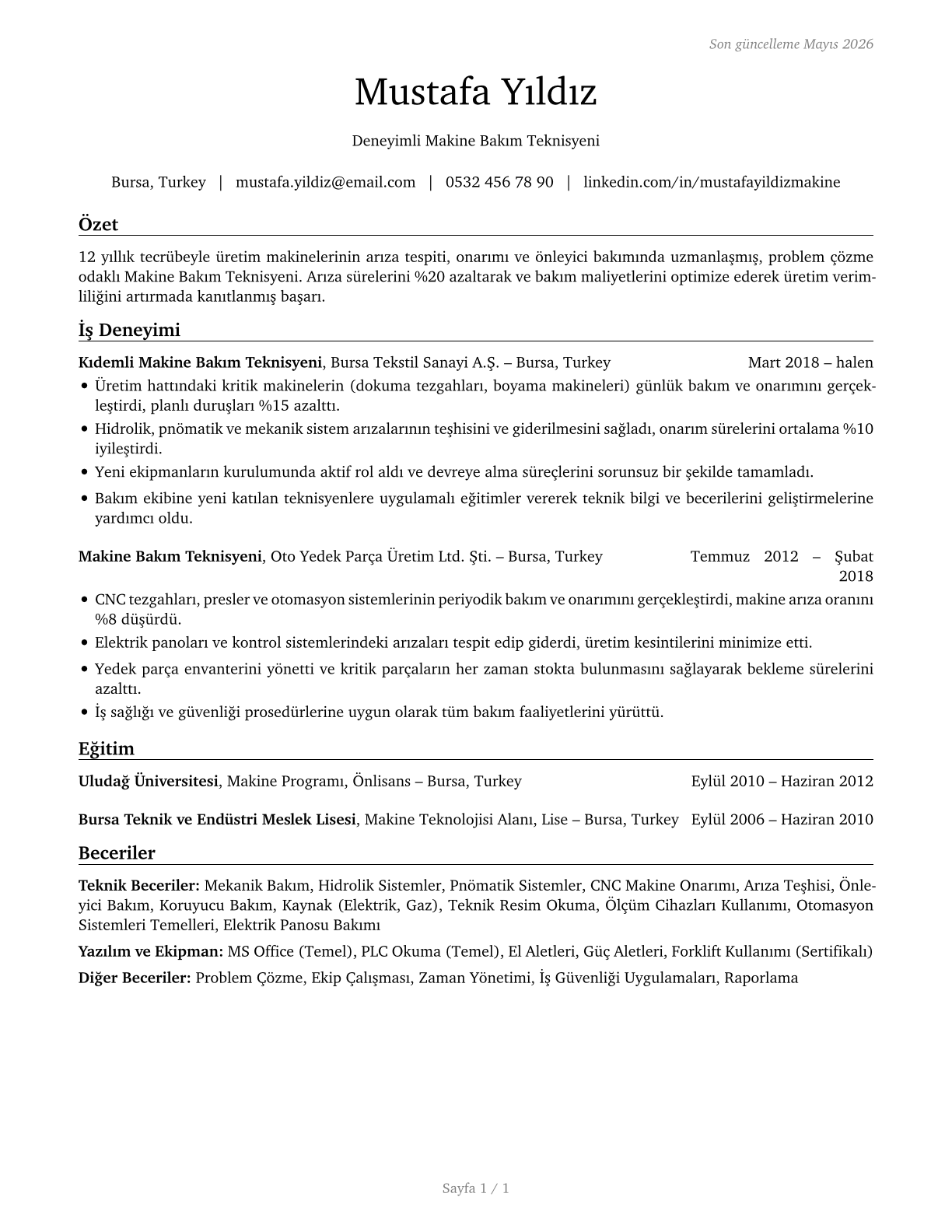 Maintenance Workers, Machinery CV in Turkish — page 1