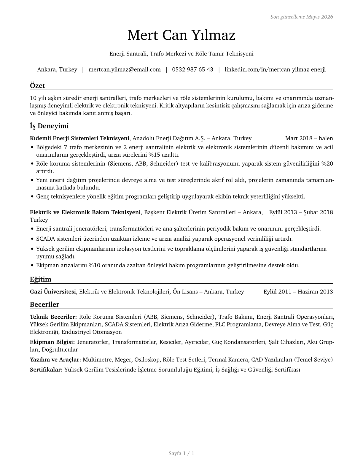 Electrical and Electronics Repairers, Powerhouse, Substation, and Relay CV in Turkish — page 1