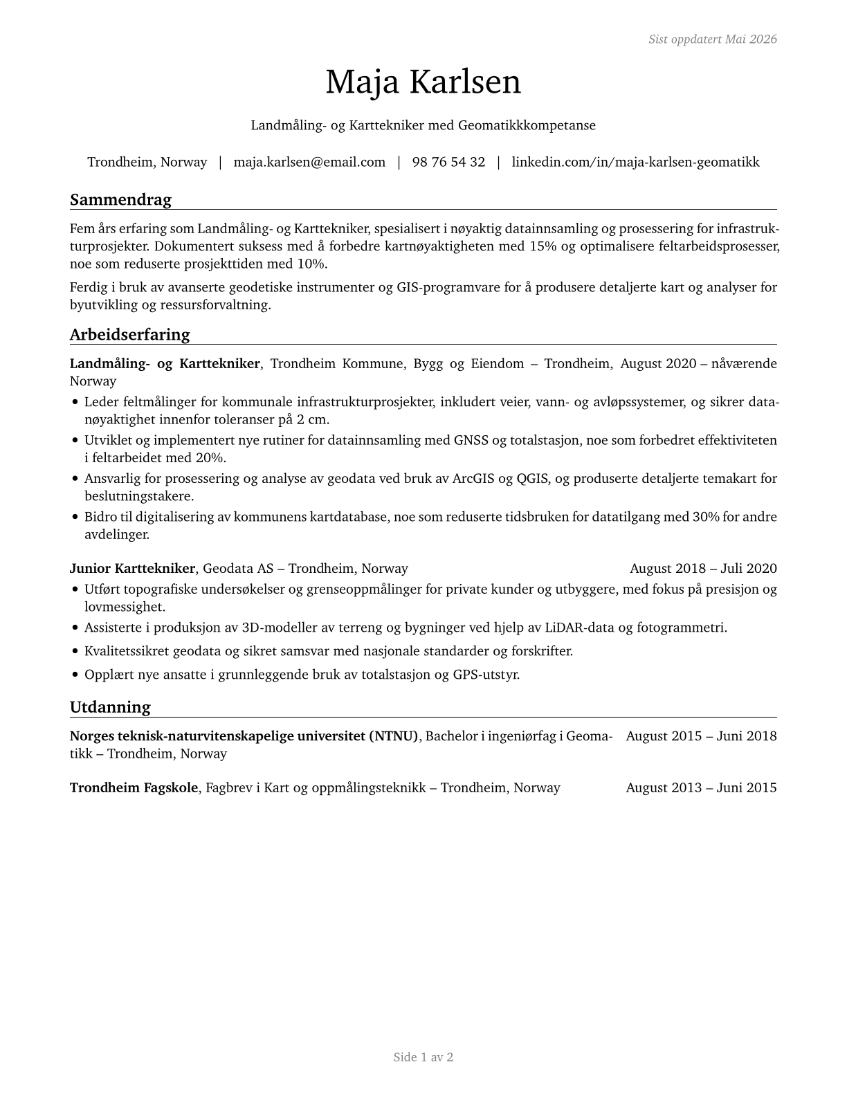 Surveying and Mapping Technicians CV in Norwegian_bokmal — page 1