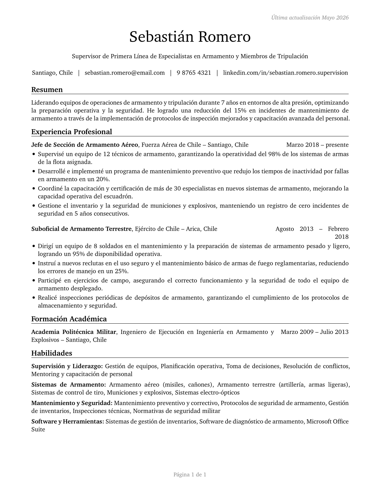 First-Line Supervisors of Weapons Specialists/Crew Members CV in Spanish — page 1