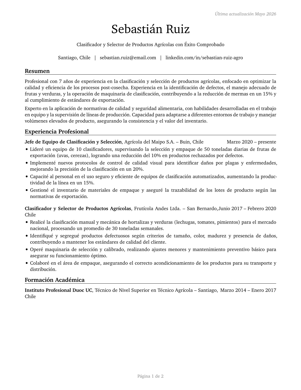 Graders and Sorters, Agricultural Products CV in Spanish — page 1