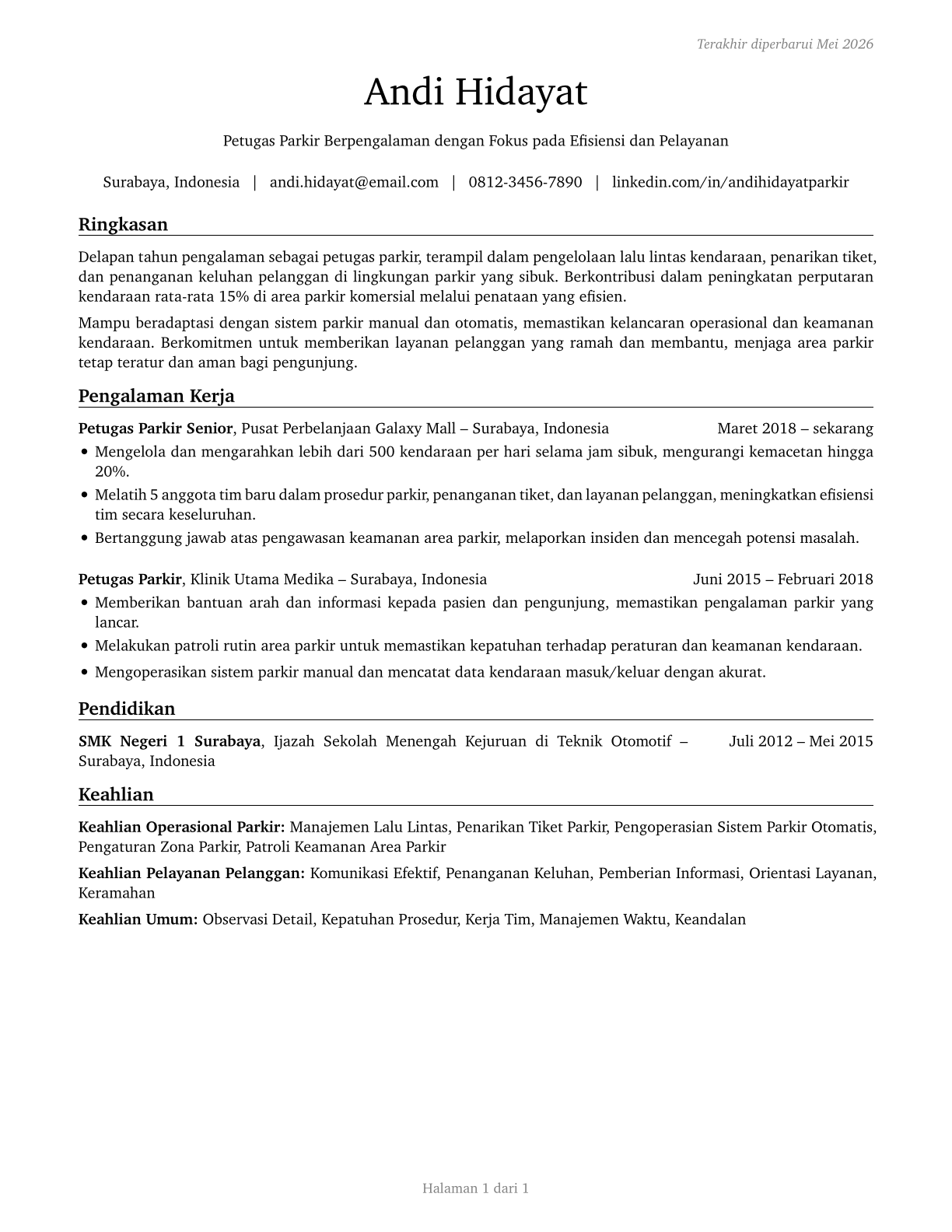 Parking Attendants CV in Indonesian — page 1