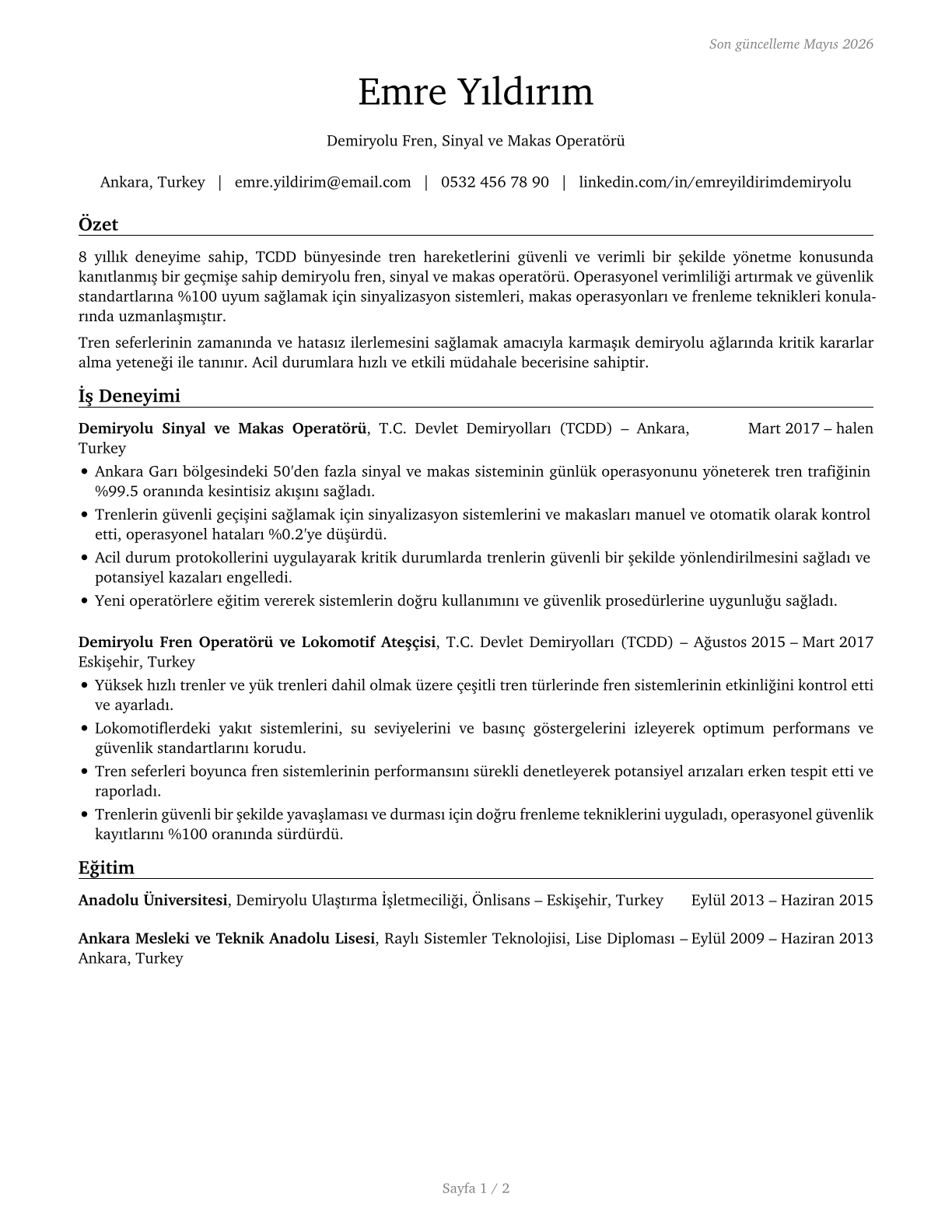 Railroad Brake, Signal, and Switch Operators and Locomotive Firers CV in Turkish — page 1
