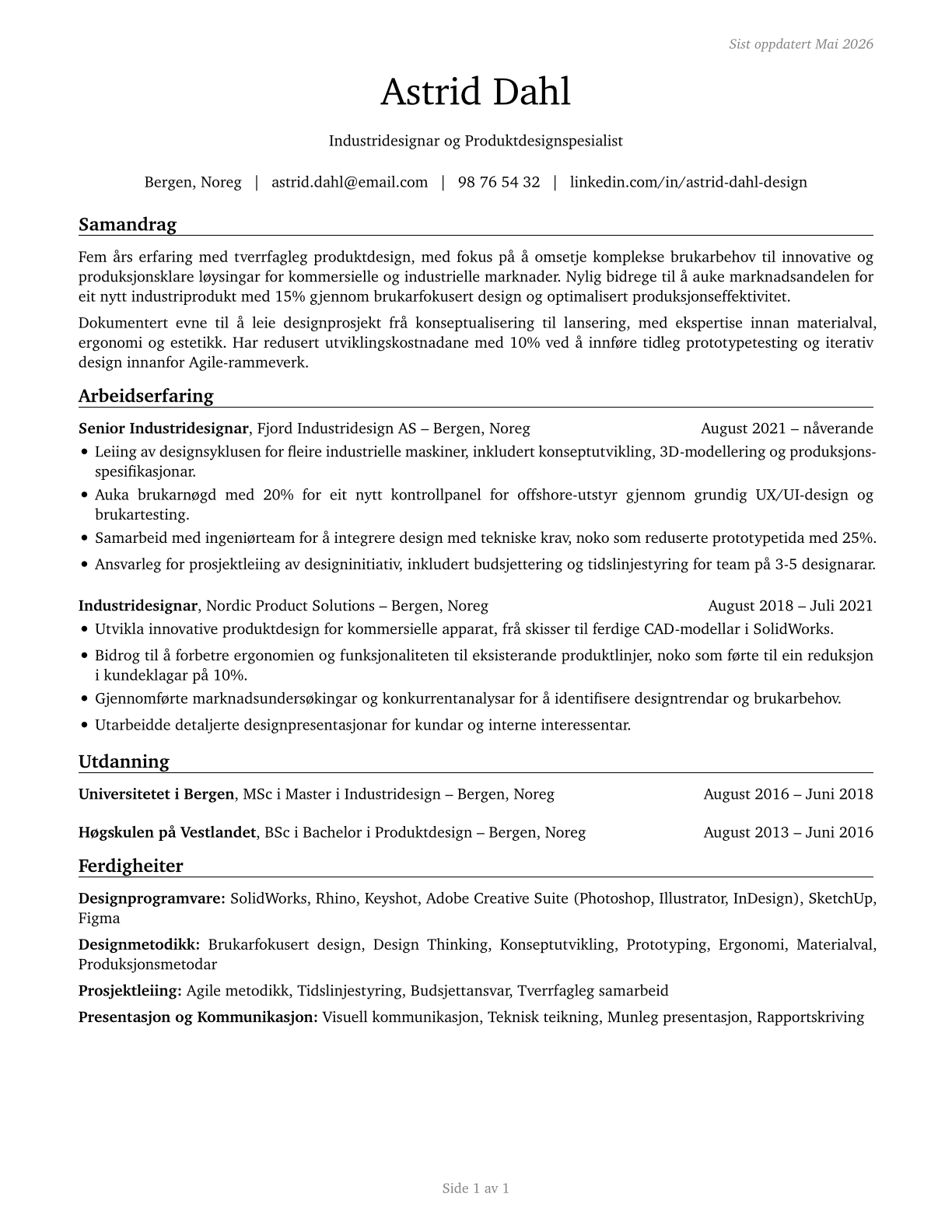 Commercial and Industrial Designers CV in Norwegian_nynorsk — page 1