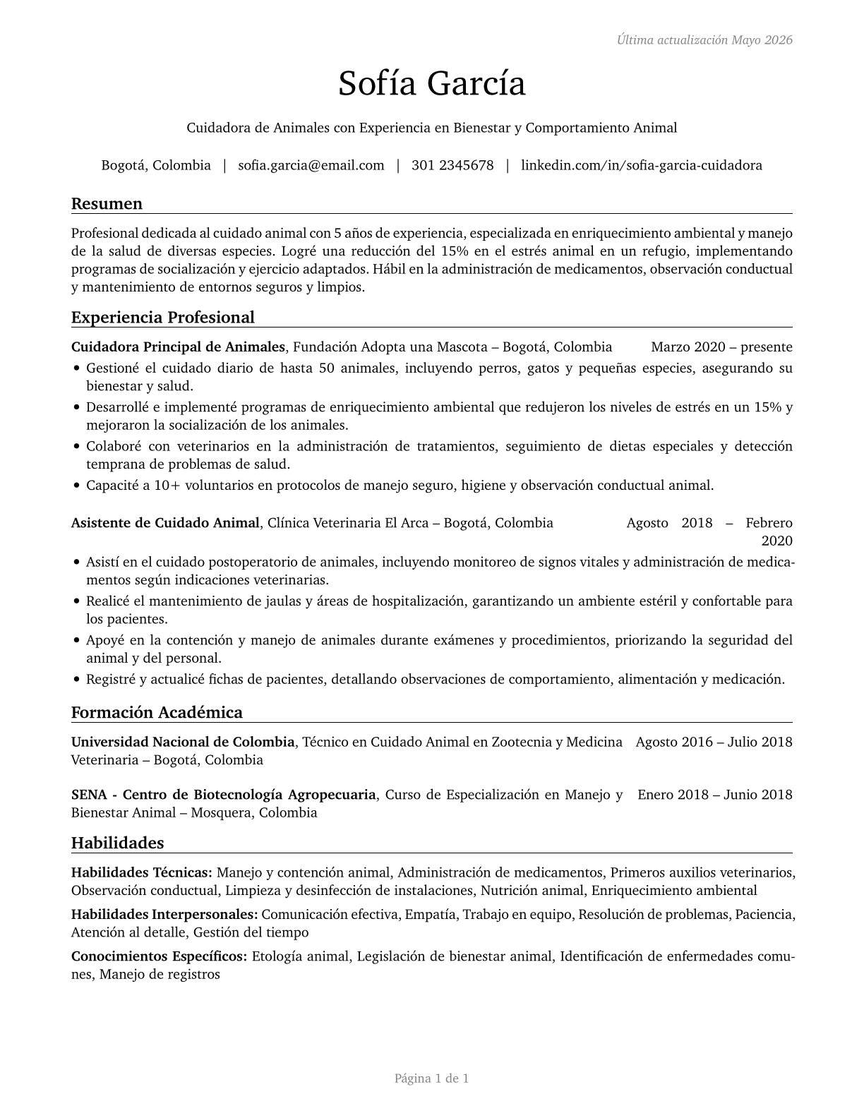 Animal Caretakers CV in Spanish — page 1