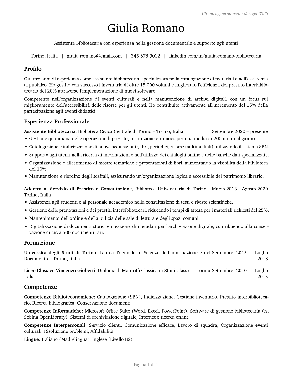 Library Assistants, Clerical CV in Italian — page 1
