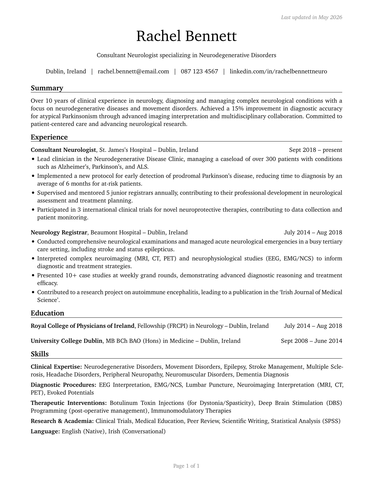 Neurologists CV in English — page 1