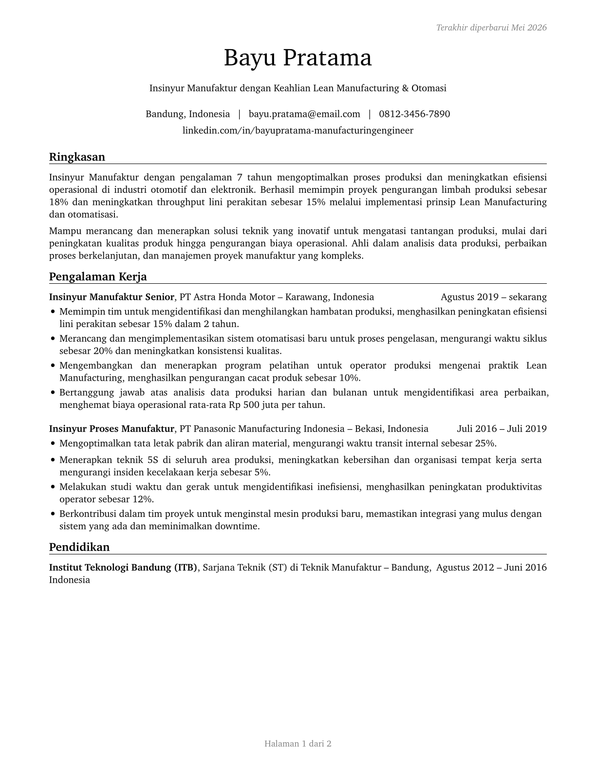 Manufacturing Engineers CV in Indonesian — page 1