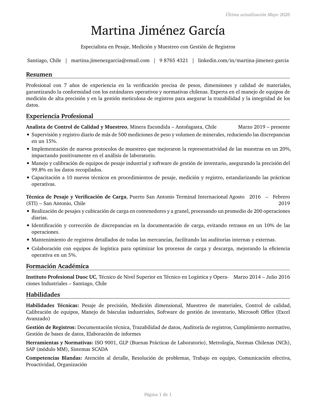 Weighers, Measurers, Checkers, and Samplers, Recordkeeping CV in Spanish — page 1