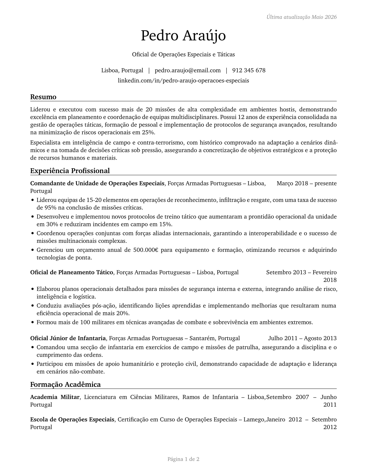 Military Officer Special and Tactical Operations Leaders, All Other CV in Portuguese — page 1