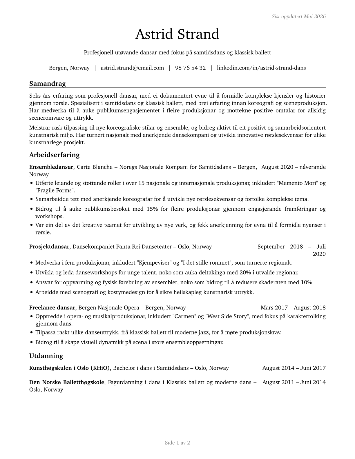 Dancers CV in Norwegian_nynorsk — page 1