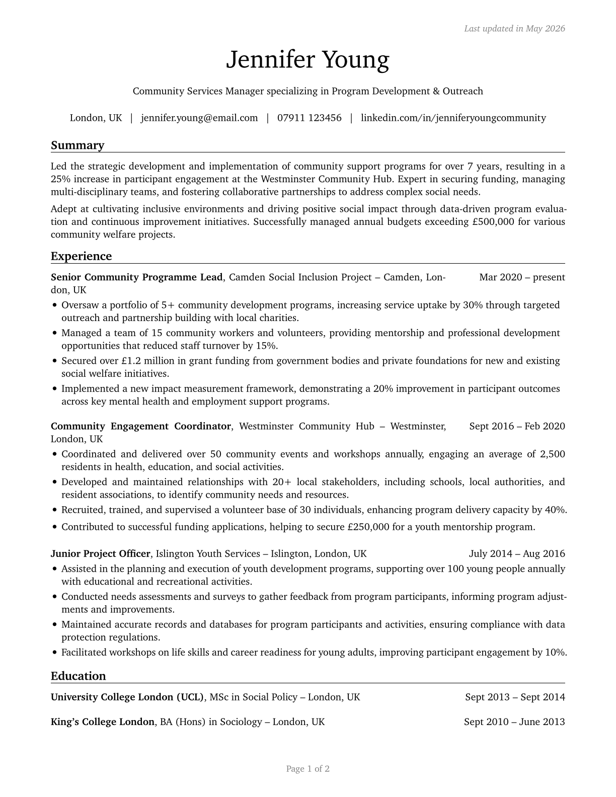 Social and Community Service Managers CV in English — page 1