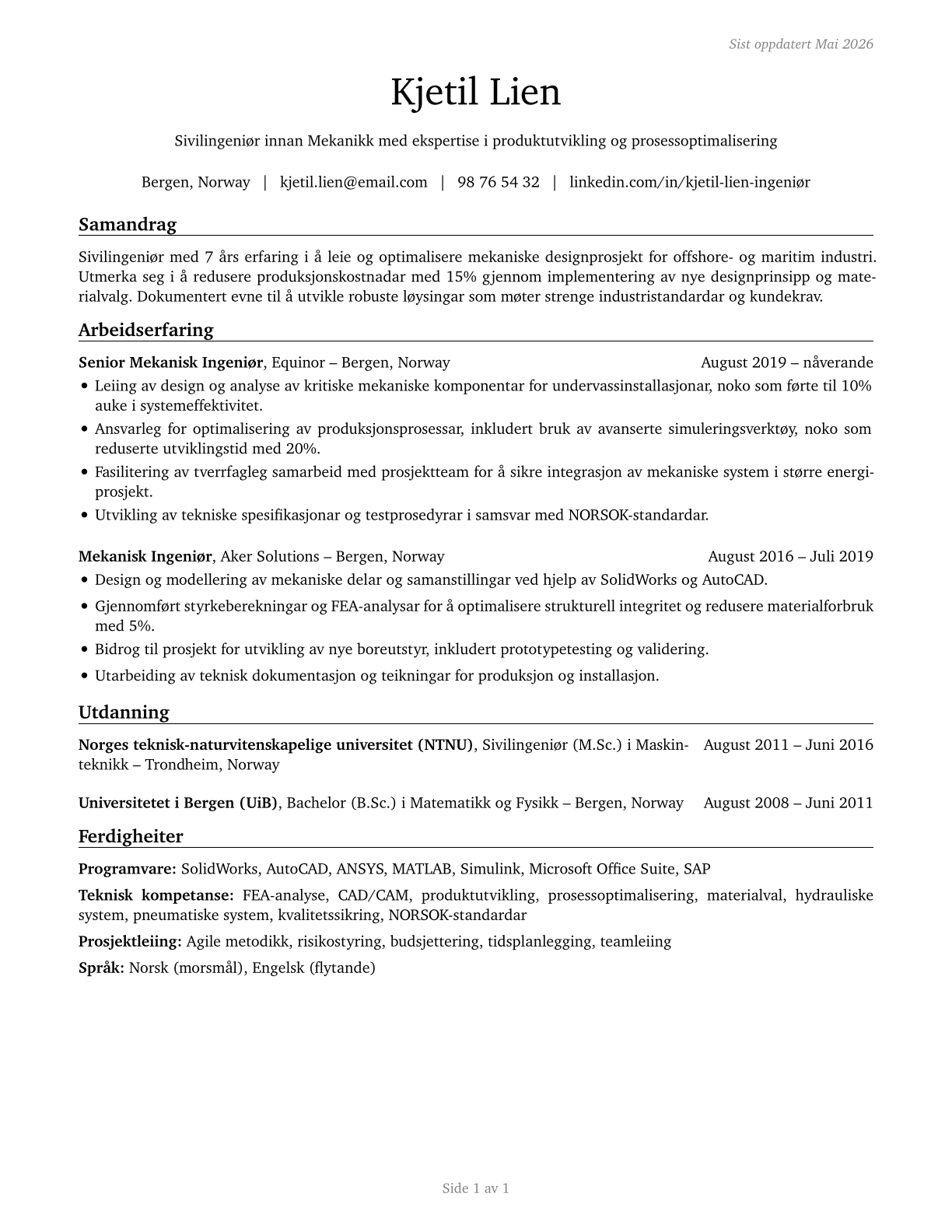 Mechanical Engineers CV in Norwegian_nynorsk — page 1