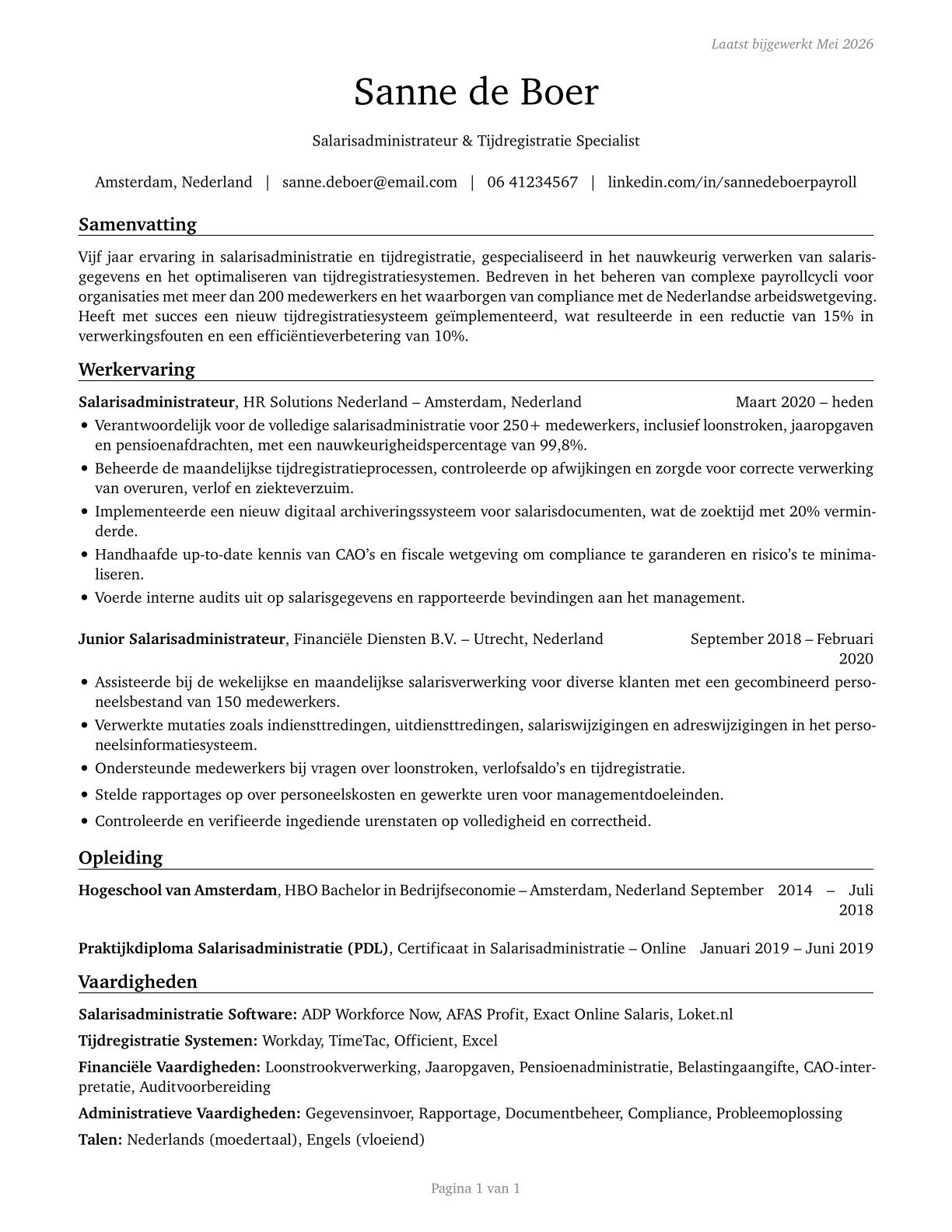 Payroll and Timekeeping Clerks CV in Dutch — page 1