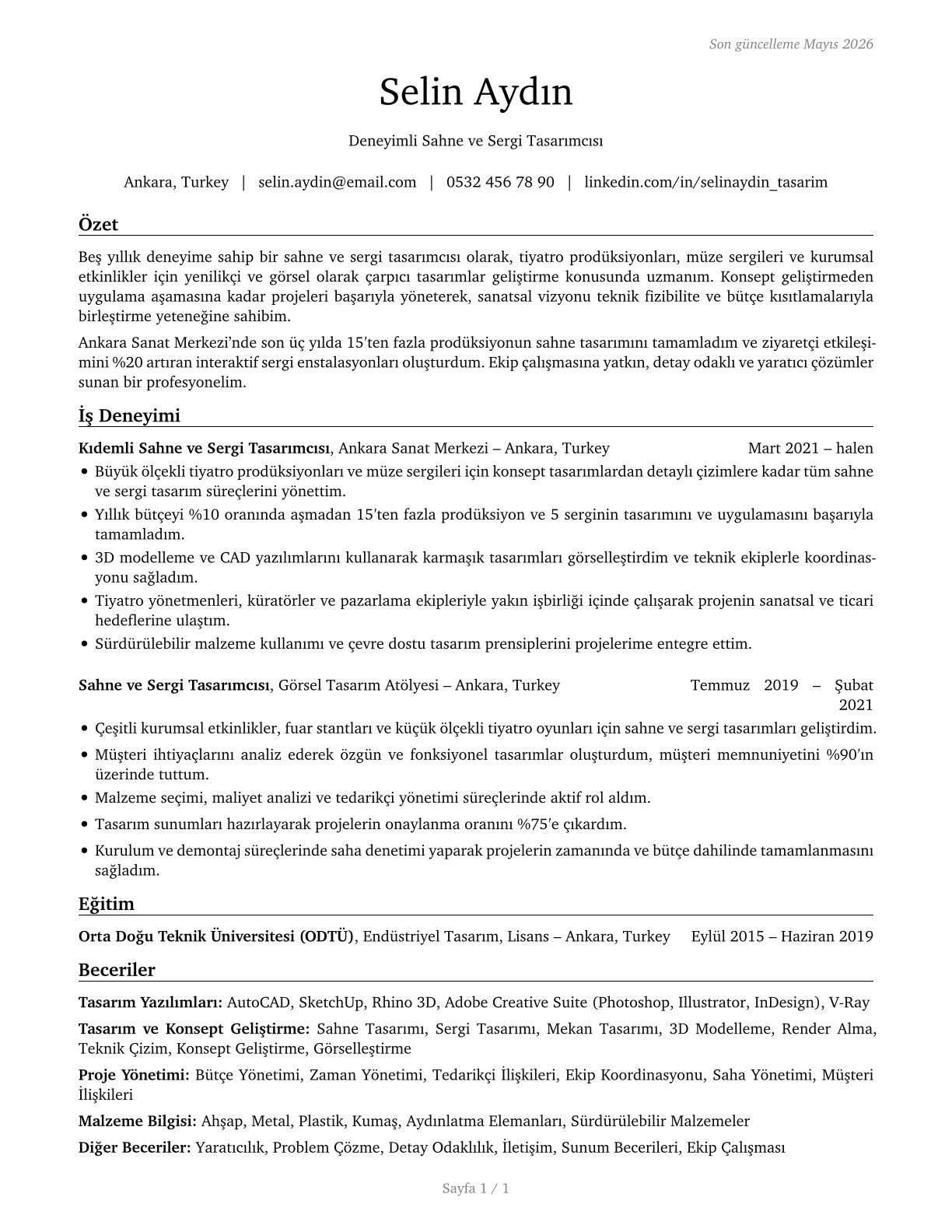 Set and Exhibit Designers CV in Turkish — page 1