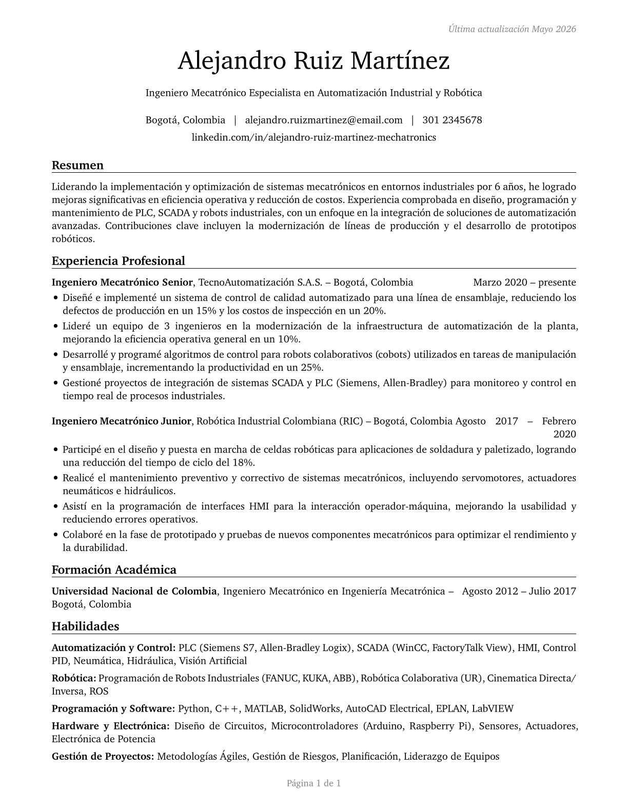 Mechatronics Engineers CV in Spanish — page 1