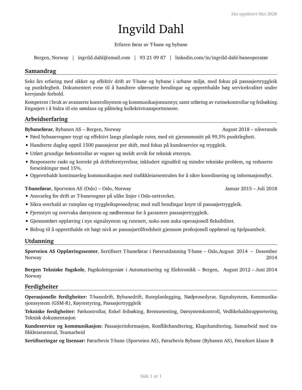 Subway and Streetcar Operators CV in Norwegian_nynorsk — page 1