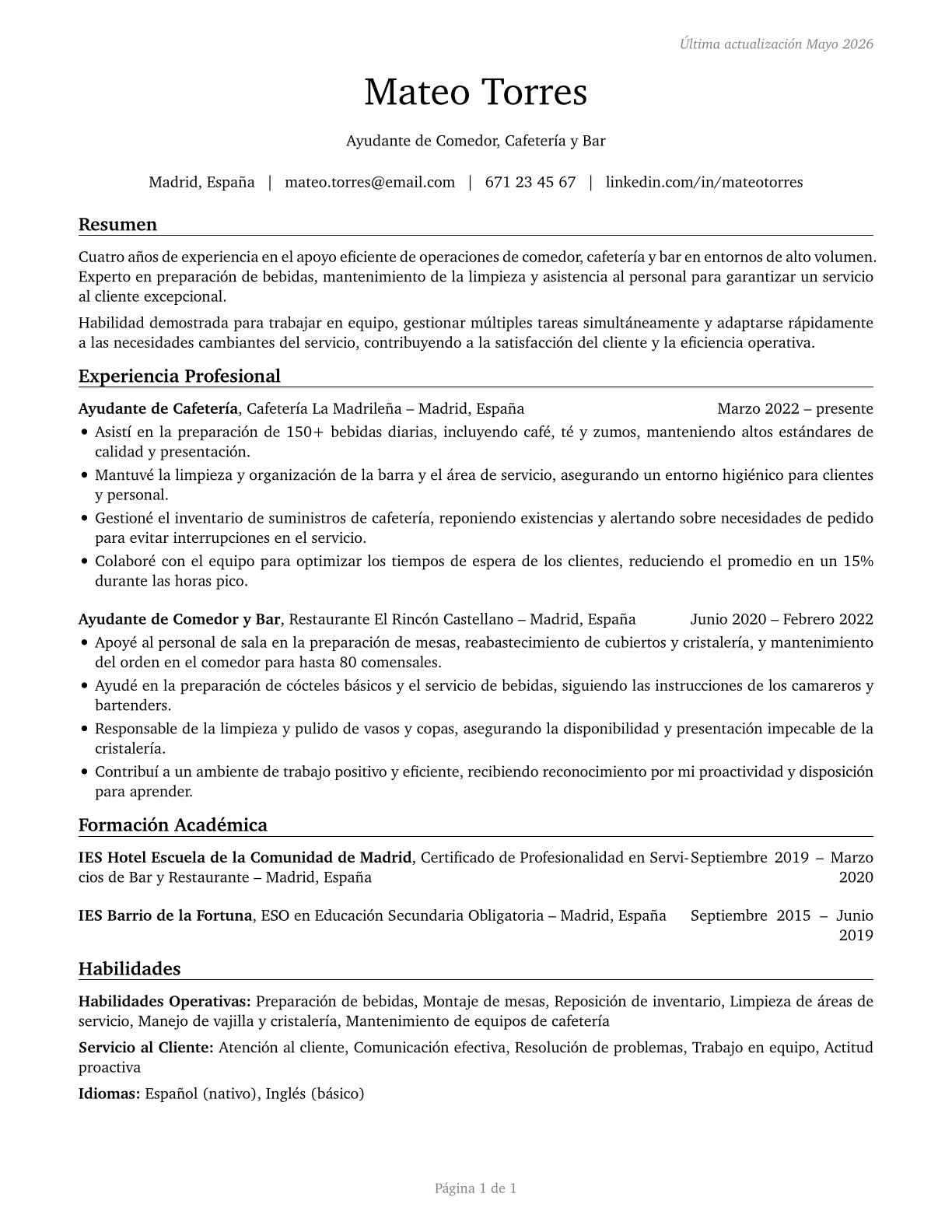 Dining Room and Cafeteria Attendants and Bartender Helpers CV in Spanish — page 1