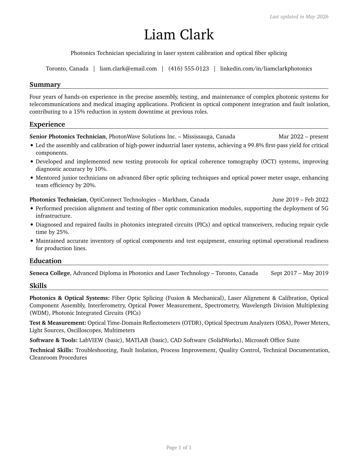 Photonics Technicians CV in English — page 1
