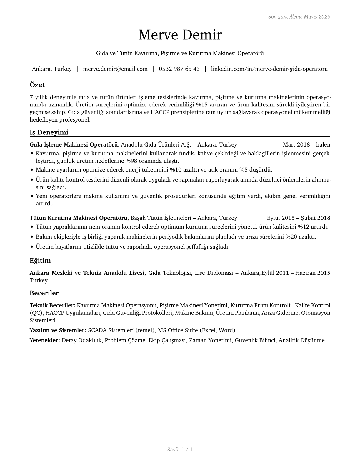 Food and Tobacco Roasting, Baking, and Drying Machine Operators and Tenders CV in Turkish — page 1