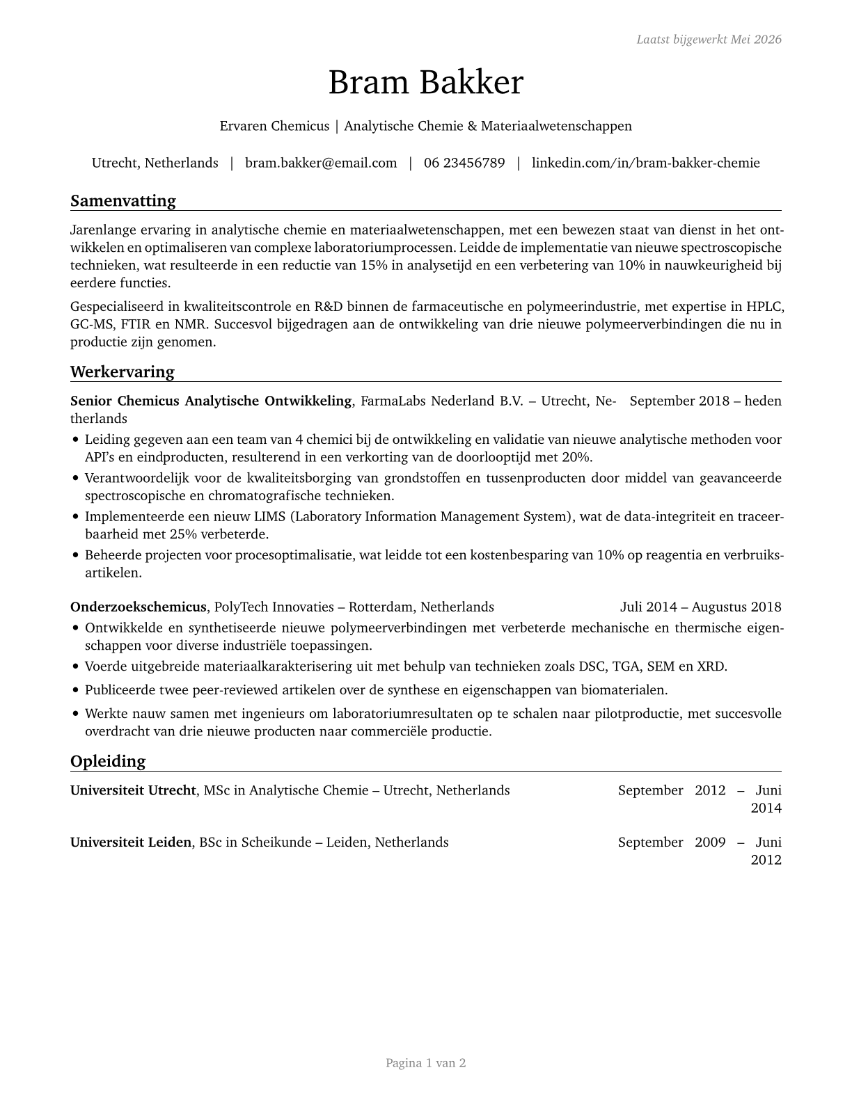 Chemists CV in Dutch — page 1