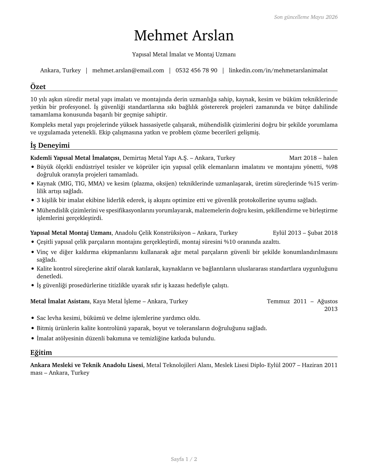 Structural Metal Fabricators and Fitters CV in Turkish — page 1