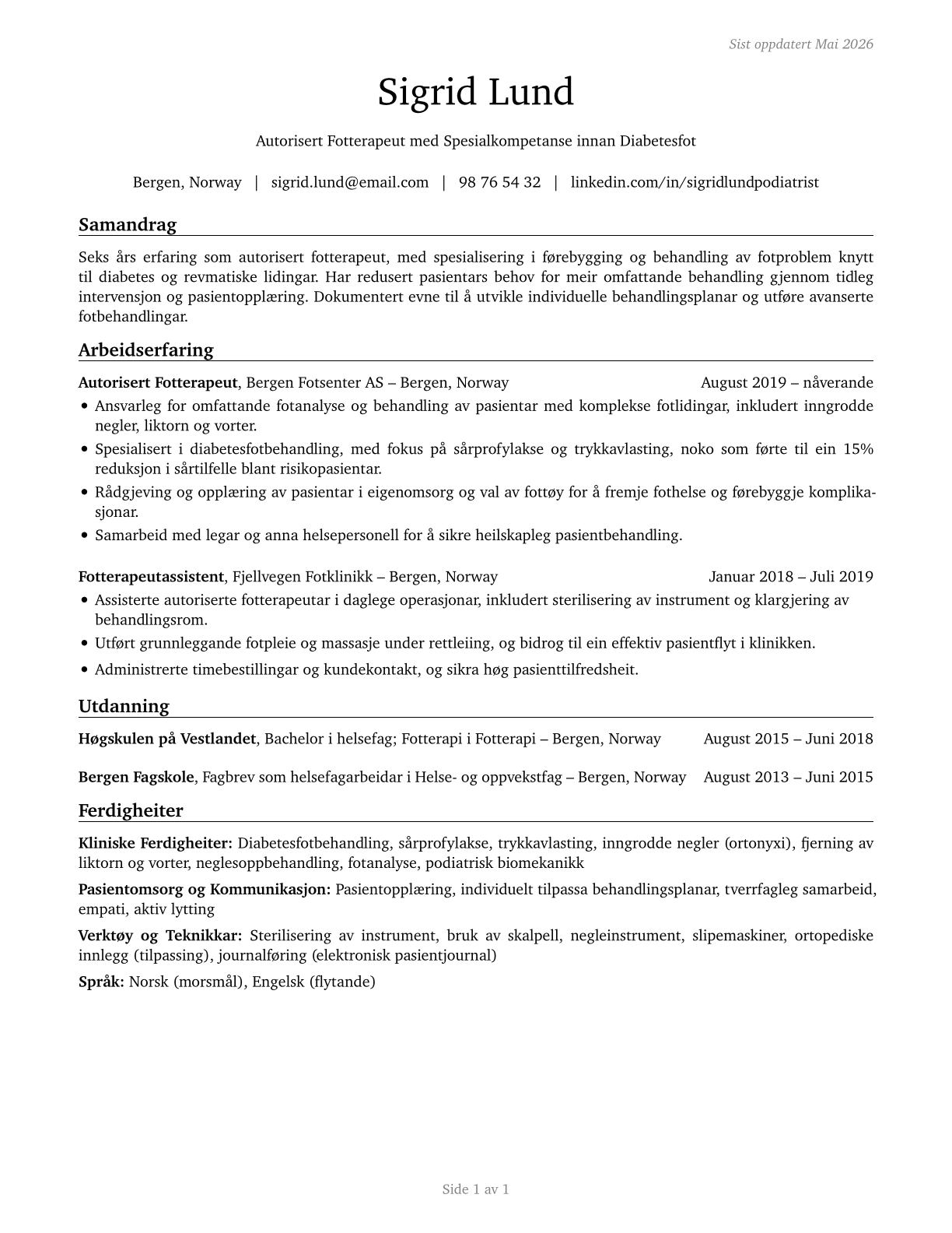 Podiatrists CV in Norwegian_nynorsk — page 1
