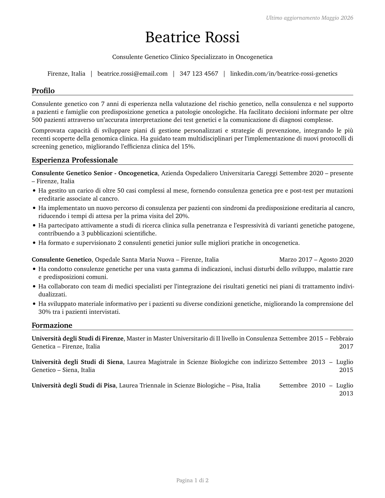 Genetic Counselors CV in Italian — page 1