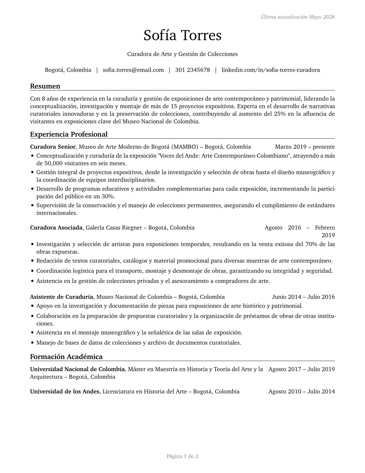 Curators CV in Spanish — page 1