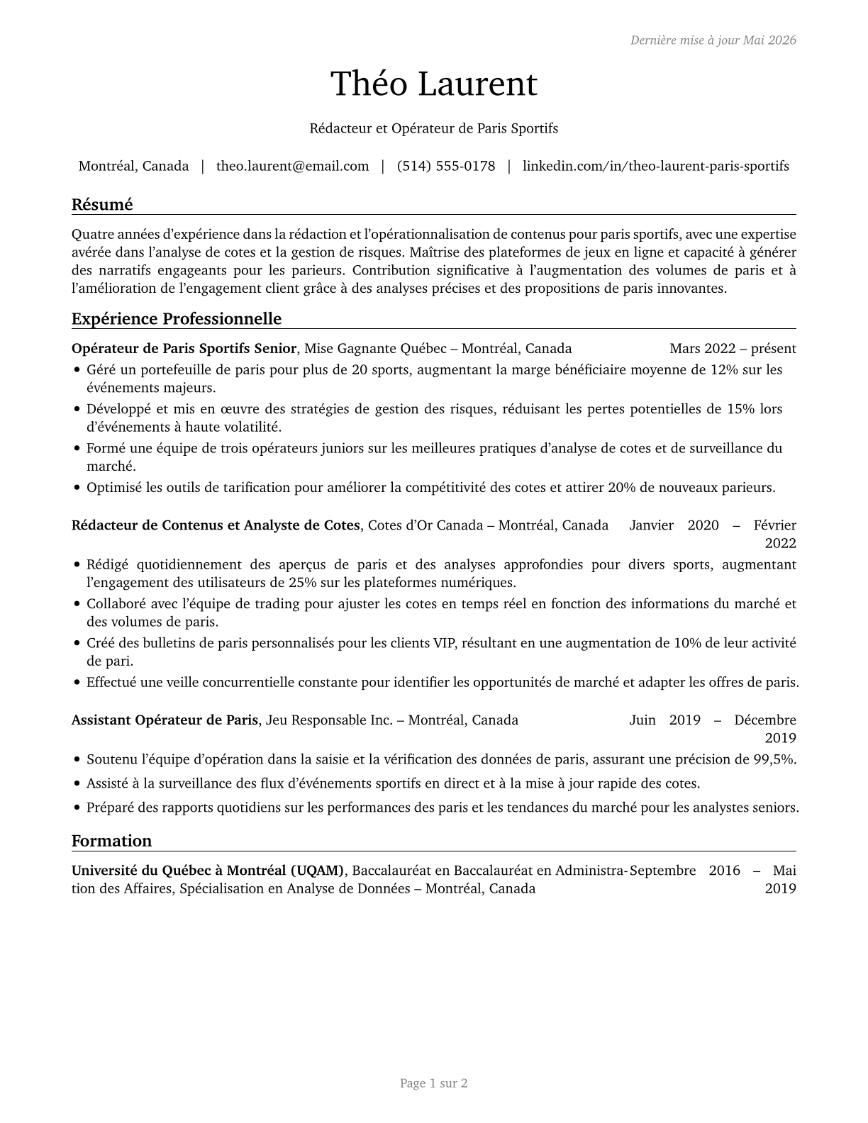 Gambling and Sports Book Writers and Runners CV in French — page 1