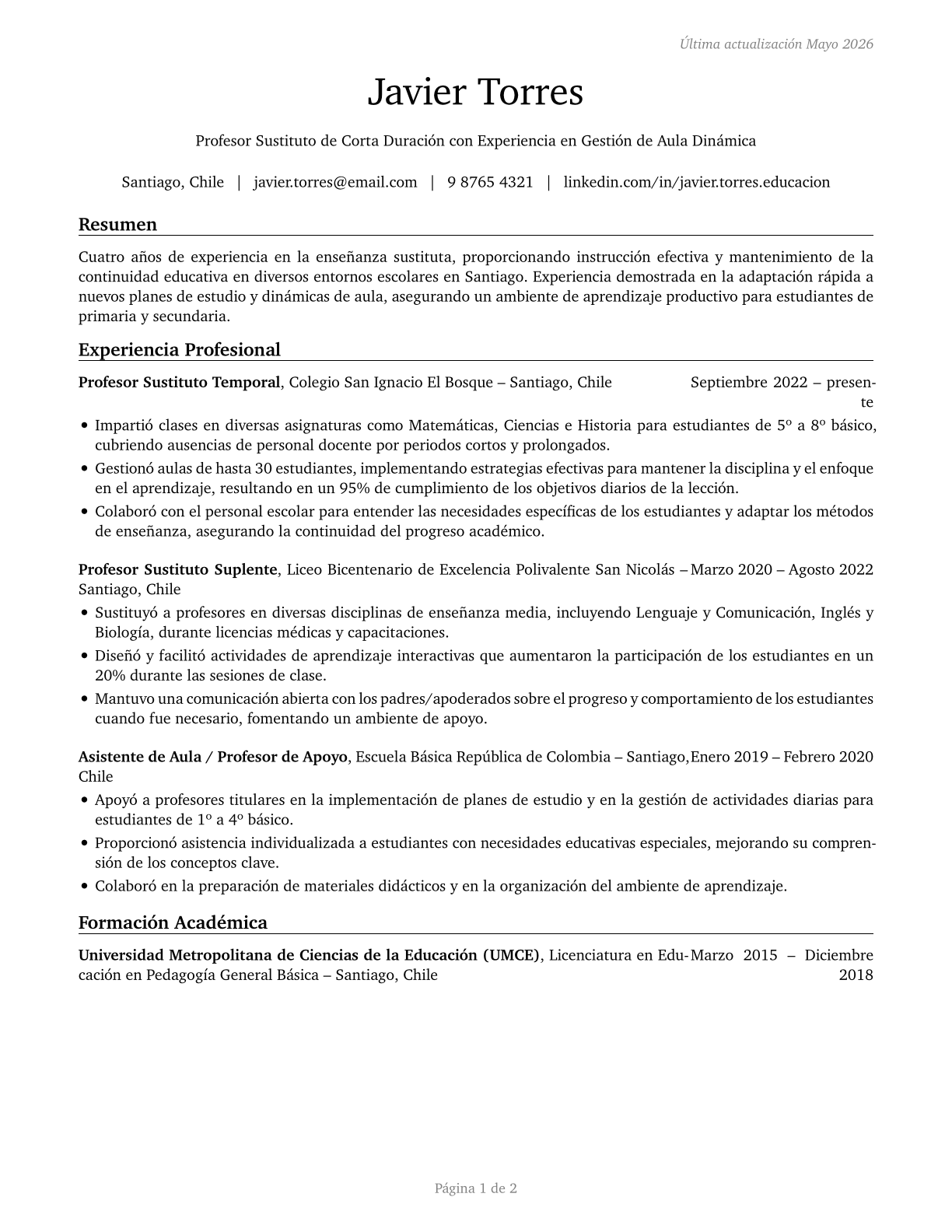 Substitute Teachers, Short-Term CV in Spanish — page 1