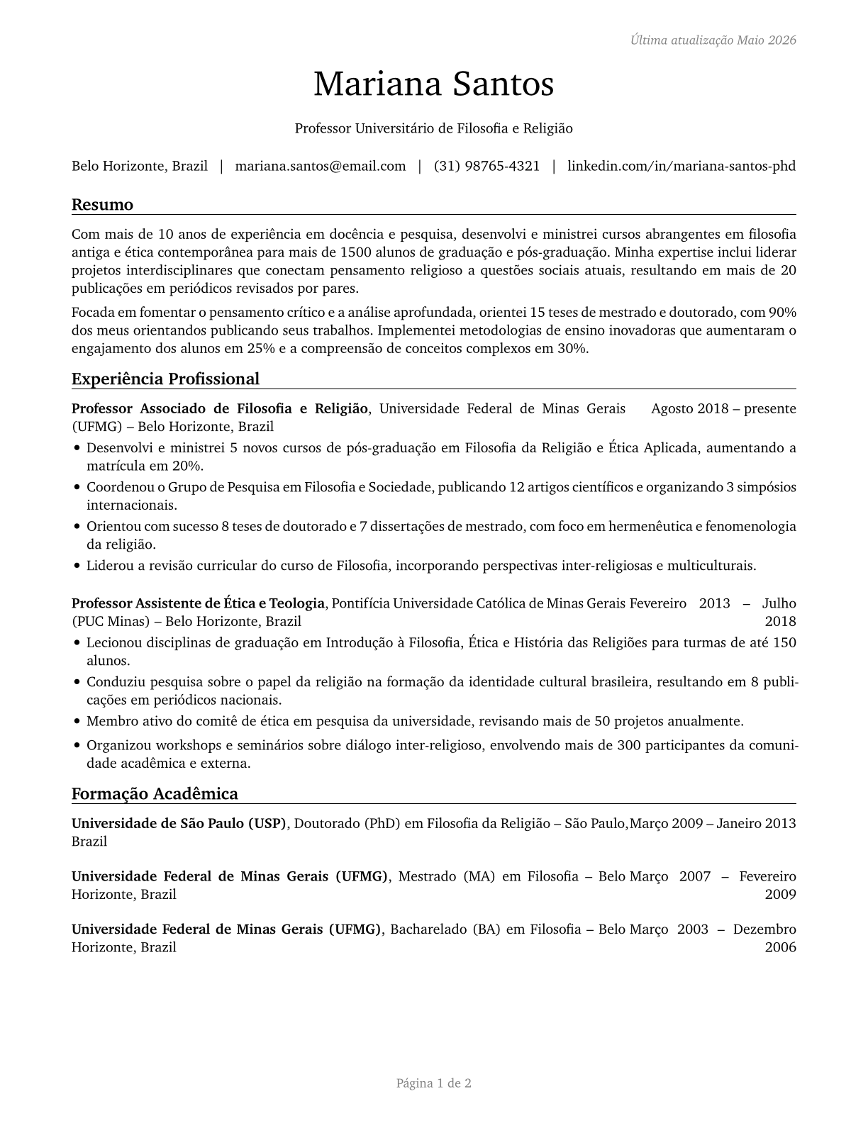 Philosophy and Religion Teachers, Postsecondary CV in Portuguese — page 1
