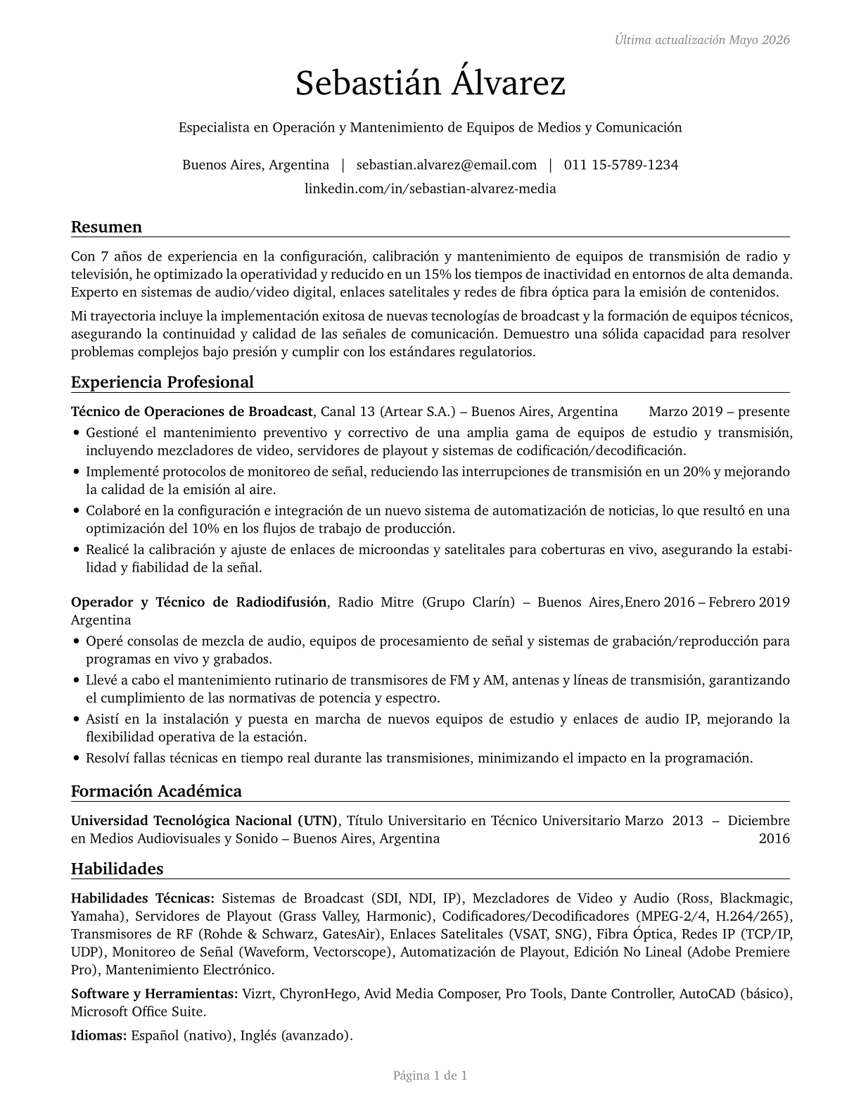 Media and Communication Equipment Workers, All Other CV in Spanish — page 1