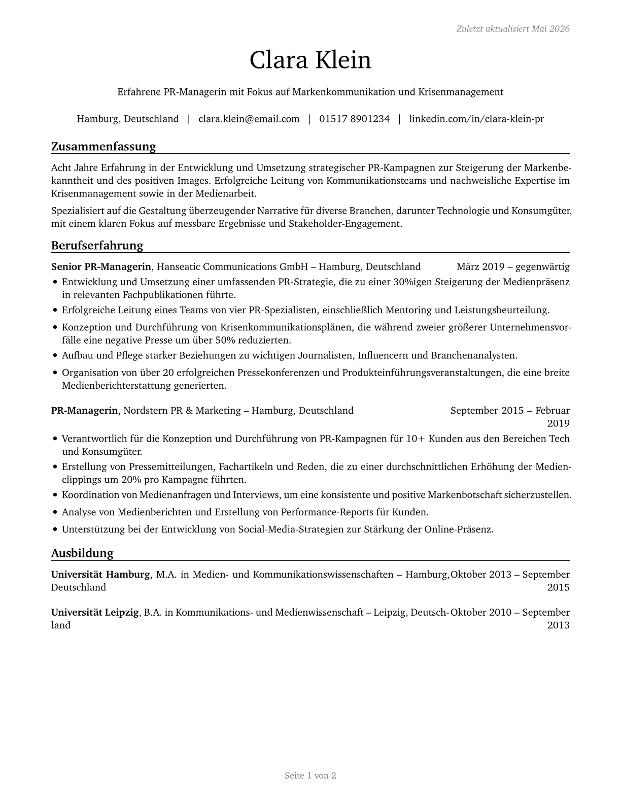 Public Relations Managers CV in German — page 1
