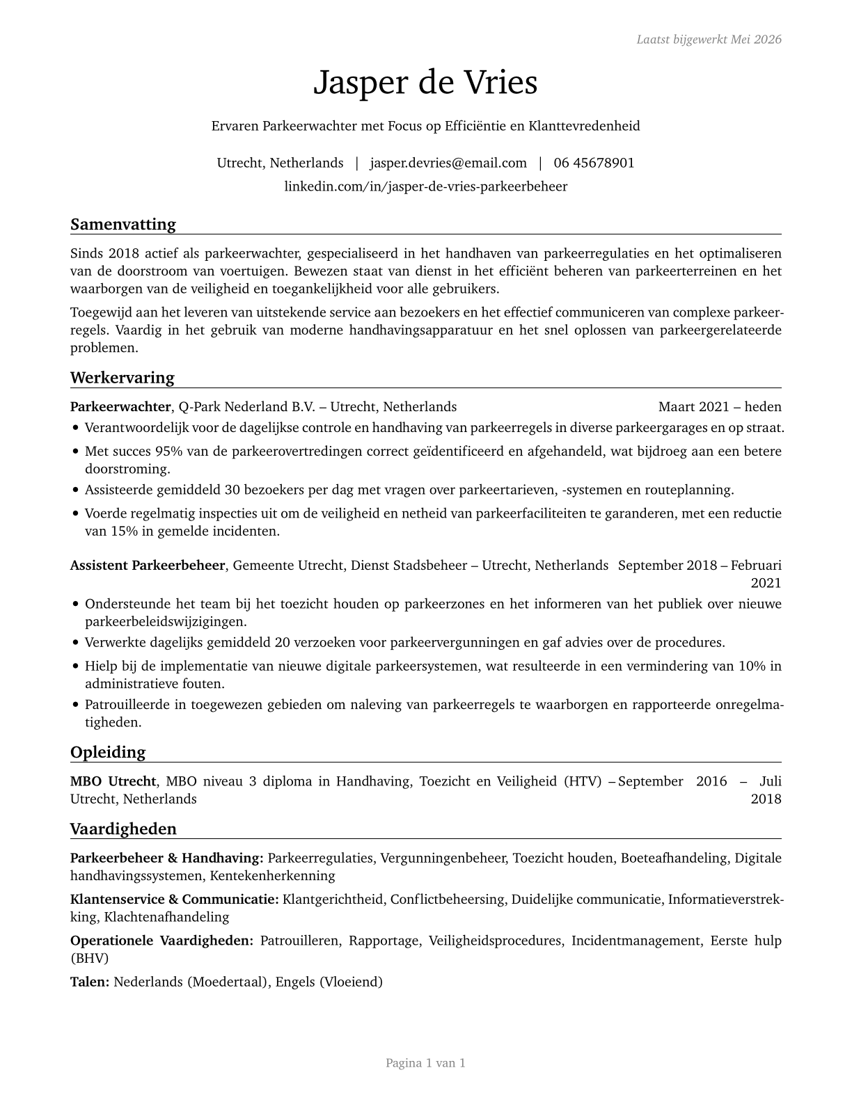 Parking Attendants CV in Dutch — page 1