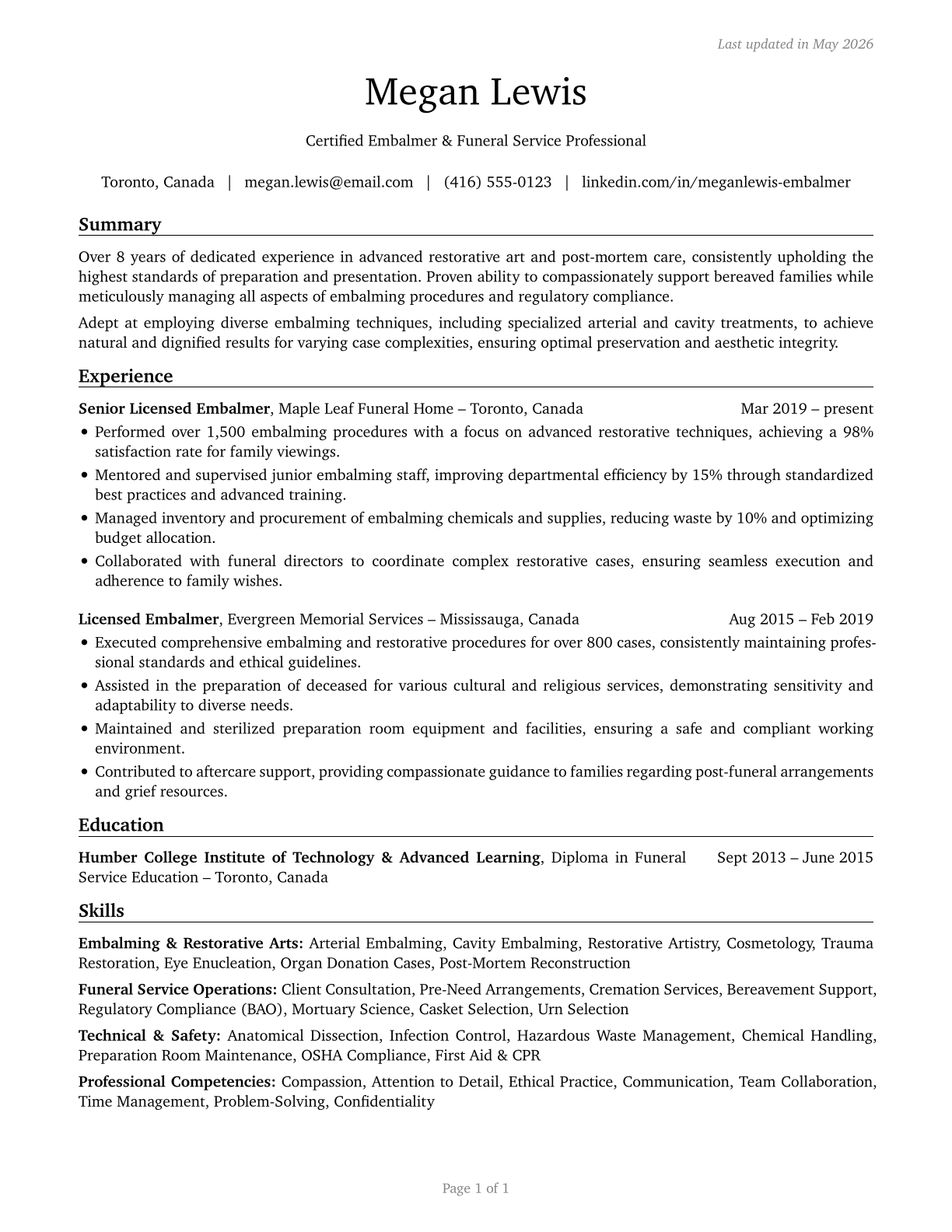 Embalmers CV in English — page 1