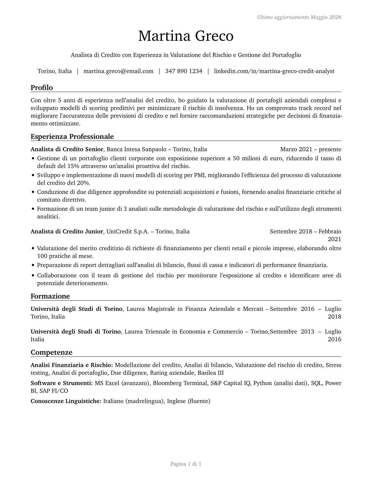 Credit Analysts CV in Italian — page 1