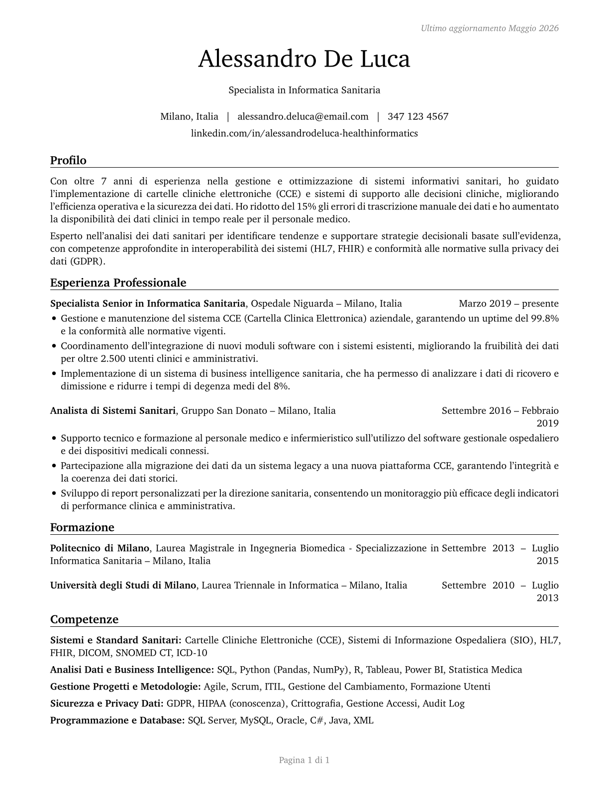 Health Informatics Specialists CV in Italian — page 1
