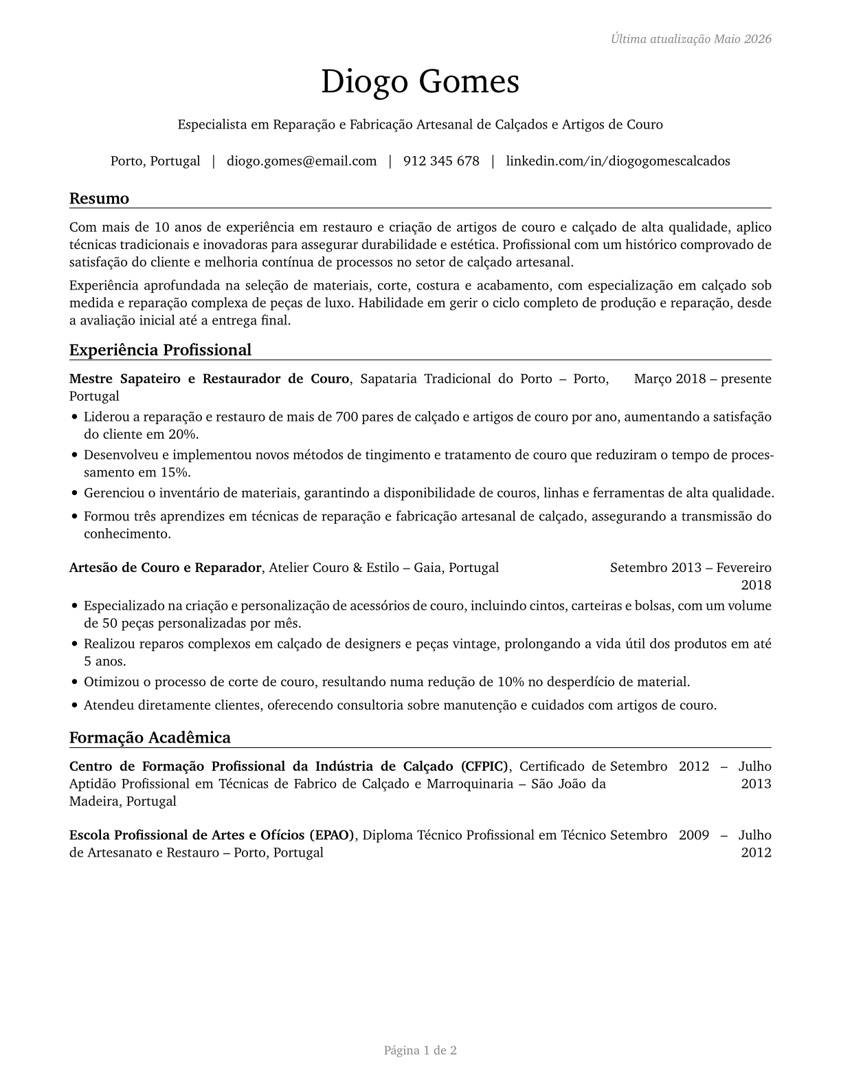Shoe and Leather Workers and Repairers CV in Portuguese — page 1