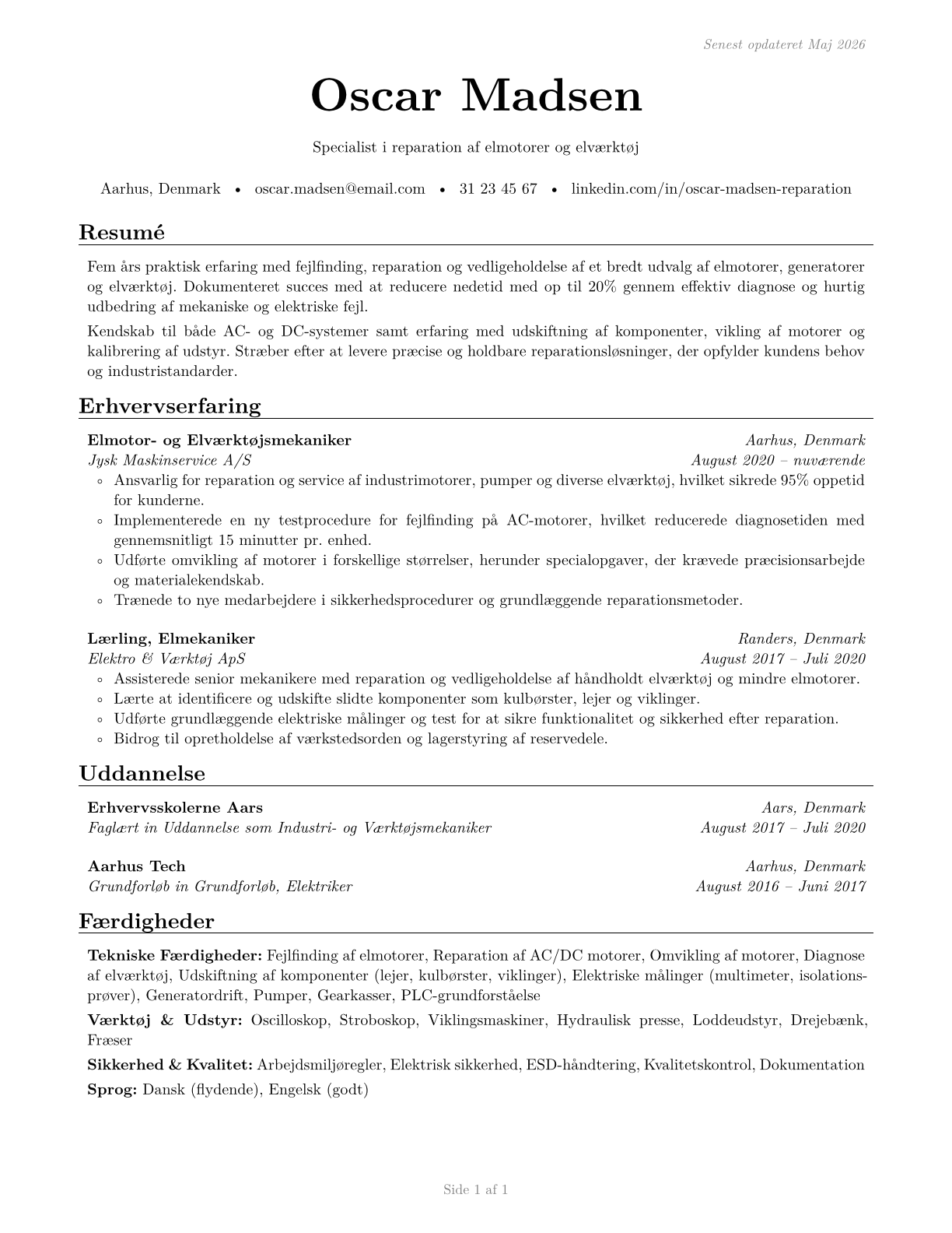 Electric Motor, Power Tool, and Related Repairers CV in Danish — page 1
