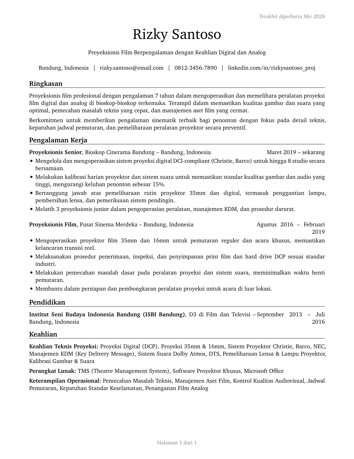 Motion Picture Projectionists CV in Indonesian — page 1