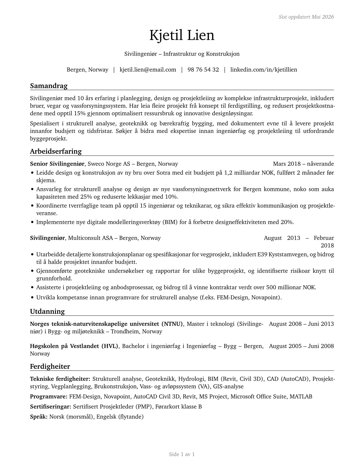 Civil Engineers CV in Norwegian_nynorsk — page 1