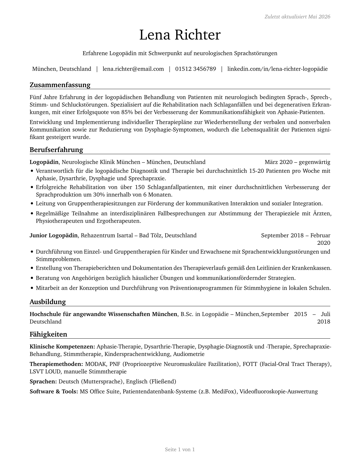 Speech-Language Pathologists CV in German — page 1