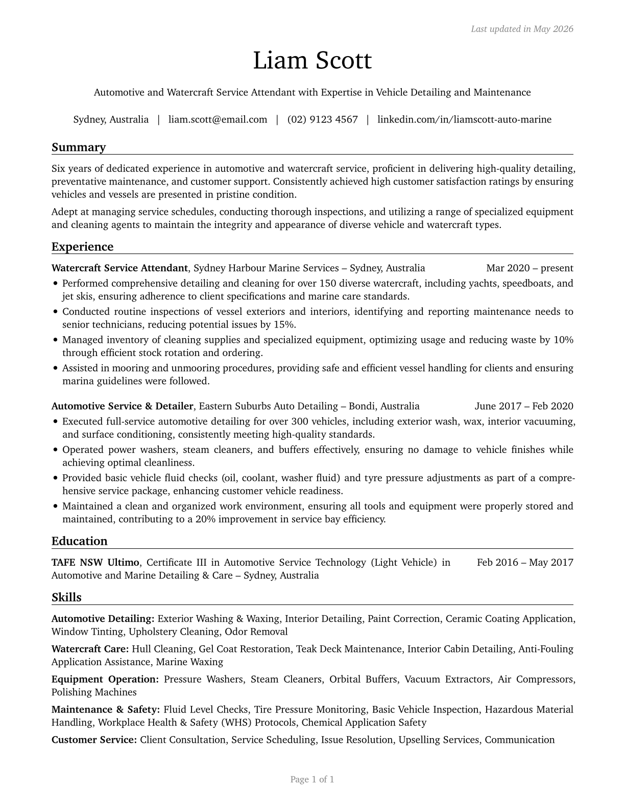 Automotive and Watercraft Service Attendants CV in English — page 1